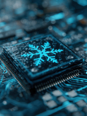 Detailed view of a computer chip showcasing a blue snowflake symbol, surrounded by complex circuitry that reflects light, creating a tech-inspired aesthetic.の素材