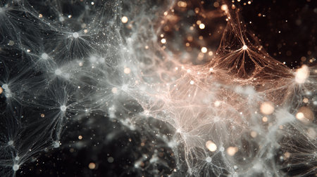This captivating scene displays a complex network of light particles merging and dancing against a dark background, illustrating depth and elegance in design.の素材