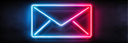Bright neon sign of an envelope glows in shades of blue and pink, creating a striking contrast against the dark backdrop, enhancing modern decor.の素材