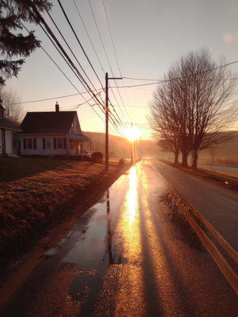 Warm light from the rising sun reflects on a quiet country road lined with trees and a distant house, creating a peaceful morning atmosphere.の素材