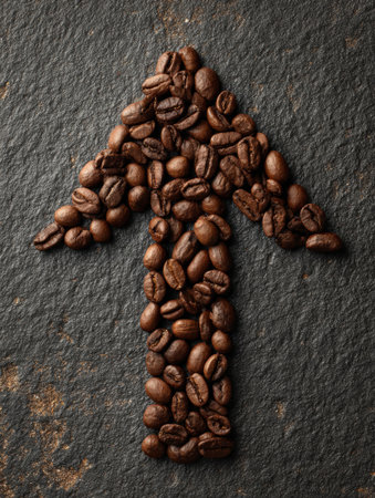 Brown coffee beans are creatively arranged to form an upward arrow on a dark stone background, symbolizing energy and growth.の素材