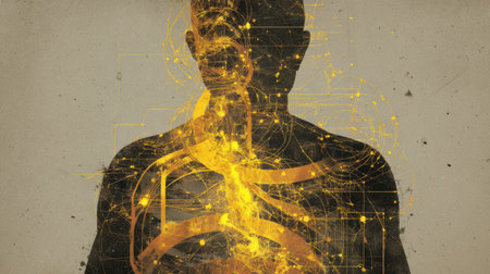 An artistic depiction of the human body featuring glowing lines and patterns that illustrate internal anatomy and energy movement through the figure.の素材