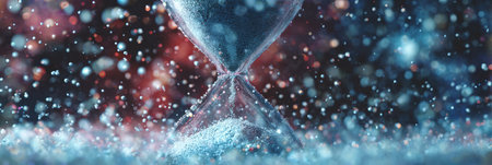 An hourglass sits upright with colorful particles swirling around it in a dynamic display, highlighting the concept of time and motion in a vivid setting.の素材