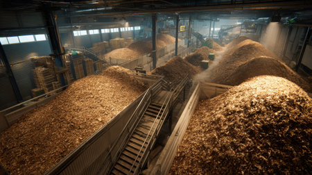 Large mounds of wood chips fill the processing facility, with machinery working in the background under bright artificial lighting.の素材