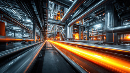 Bright orange light illuminates a series of metal pipes in an industrial setting, highlighting the complexity of machinery and infrastructure present at dusk.の素材
