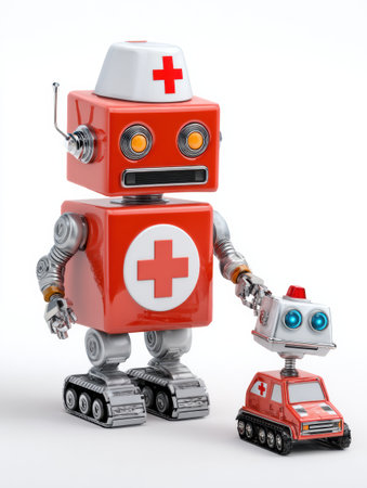 Two robots dressed in red and white colors, one tall and one small, show their caring side in a cheerful setting.の素材