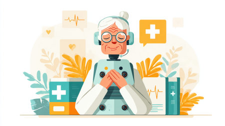 A cheerful robot nurse engages in patient care, offering support and monitoring health in a vibrant clinic setting.の素材