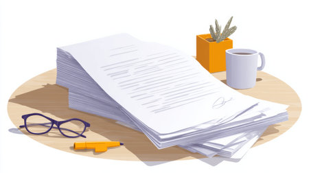 Neatly stacked papers on a desk with glasses, a mug, and a plant create a serene workspace.の素材