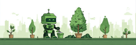 A cheerful robot tends to potted plants in a lively urban setting with greenery and distant buildings.の素材