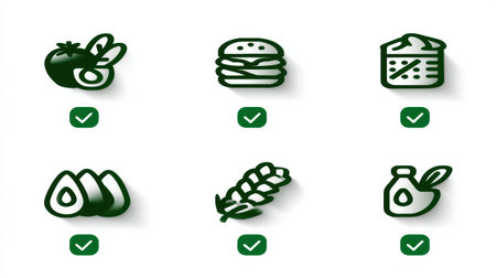 Icons represent healthy food options like vegetables, grains, and oils, highlighting nutritious choices.の素材