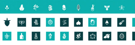 Visuals feature icons of plants, fruits, insects, and tools, highlighting agriculture diversity and natures beauty.の素材