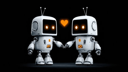 Two cute, white robots with glowing eyes and antennas touch hands. A yellow heart floats between their heads.の素材