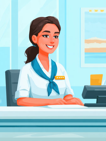 A cheerful reception staff member with a blue scarf greets visitors at a bright office desk in an inviting environment.の素材