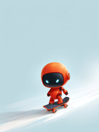A cheerful orange robot glides on a skateboard, showcasing skills and energy in a bright, calm environment.の素材