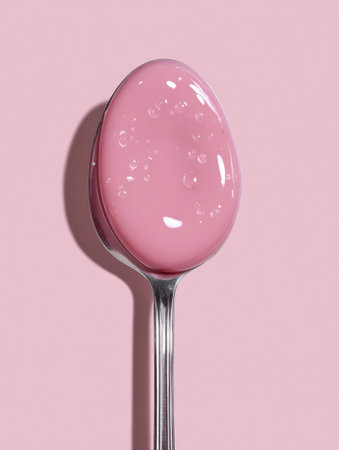 A shiny pink gel with bubbles sits on a silver spoon against a soft pink background, showing its smooth surface.の素材
