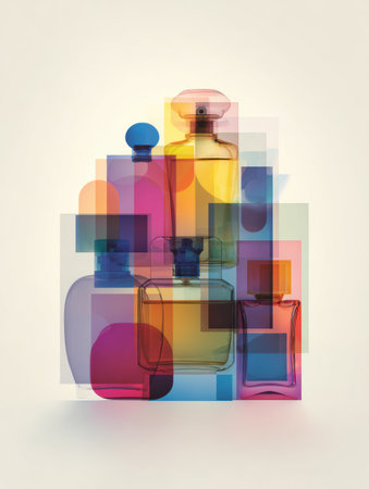 Vintage glass perfume bottles stacked in a colorful array, showing artistic design and light reflections.の素材