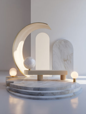 Minimalist product stage showcases a moon shaped arch, marble platform steps, and gentle light, creating soft ambiance.の素材