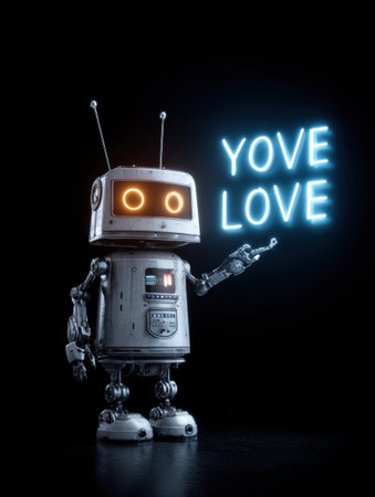 A playful robot in a dark space joyfully holds a neon sign that says love, featuring a unique design.の素材