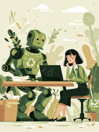 A woman works on her laptop as a friendly recycling robot sits nearby in a lively, green workspace.の素材