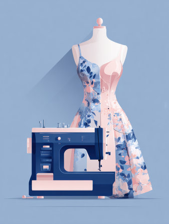 A colorful dress displayed on a mannequin beside a modern sewing machine, highlighting the art of fashion design.の素材