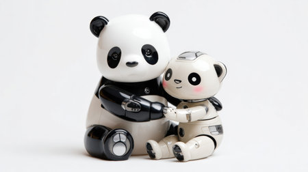 A toy Panda bear embraces a robot bear. They sit together on a white surface.の素材