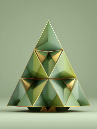 A Christmas tree is formed from green and gold triangles, creating a stylized and modern Holiday decoration.の素材