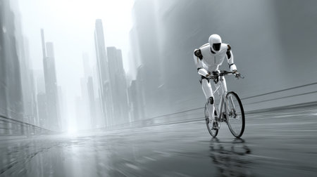 A robot expertly navigates a rainy urban landscape on a bicycle.の素材
