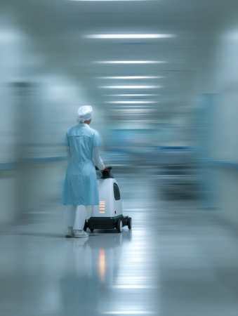 Person in scrubs scrubs floor using a cleaning machine in what appears to be a hospital or clean industrial corridor.の素材