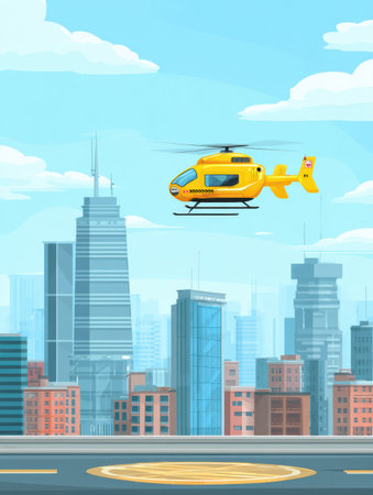 A yellow helicopter hovers above a bustling urban landscape filled with skyscrapers against a clear sky.の素材