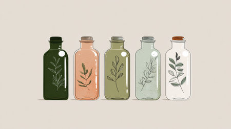 Five unique glass bottles showcase elegant botanical illustrations on a soft neutral backdrop for a serene vibe.の素材