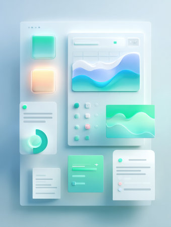Colorful digital dashboard displaying charts, graphs, and controls for data analysis in a sleek and modern style.の素材