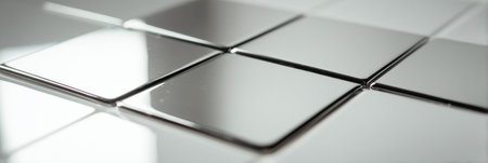 Sparkling silver tiles on a flat surface reflect light, creating a bright and clean contemporary ambiance.の素材
