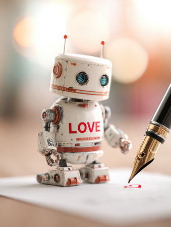 A small robot displaying the word love is poised with a fountain pen, creating a red heart on paper in a warm setting.の素材