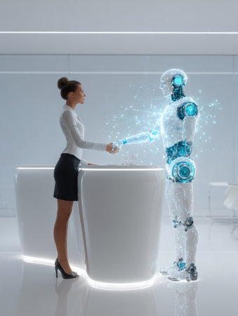 A female executive shakes hands with a futuristic robot at a white desk in a clean, brightly lit office.の素材