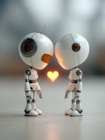 Two robots are standing. A glowing heart floats between them. They are possibly in love or expressing affection.の素材