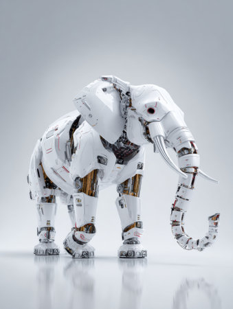 A sleek robotic elephant showcases advanced technology and creativity with its detailed machinery and elegant pose.の素材