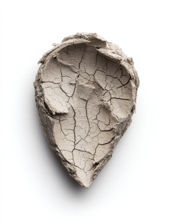 A textured clay sculpture rests on a white background, highlighting its intricate cracks and details.の素材