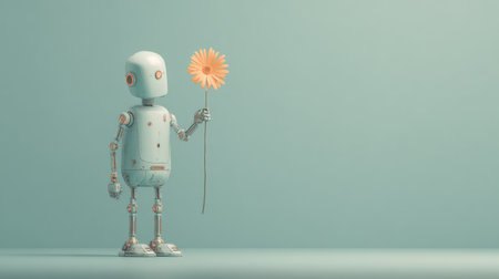 A robot delicately holds a yellow flower, embodying a fusion of technology and nature in a calm environment.の素材