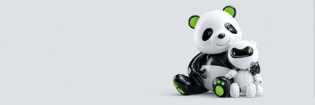 A glossy Panda bear toy sits with a smaller white robot toy on a simple white background.の素材