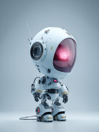 A sleek, white robot with a glowing visor stands out against a simple gray backdrop, showcasing innovative design.の素材
