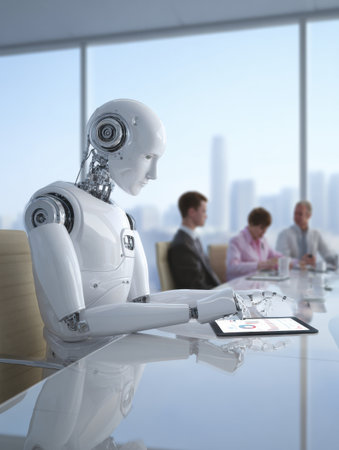 A robotic assistant works on a tablet while business professionals discuss strategies in a bright office.の素材