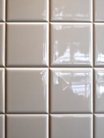 Smooth, glossy white tiles are aligned in a grid, creating a clean and modern look in the interior setting.の素材