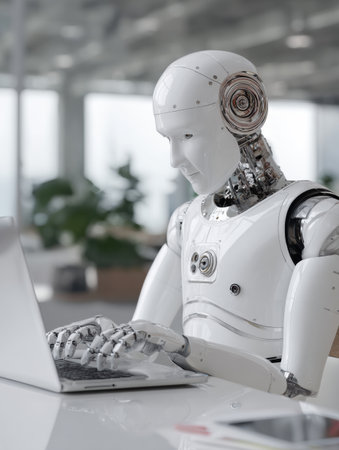 A white humanoid robot types on a laptop in a modern office. The robot looks focused on its task.の素材