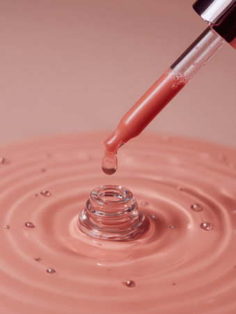 A drop of liquid cosmetic falls from a pipette onto a pink surface, forming soft ripples and bubbles.の素材