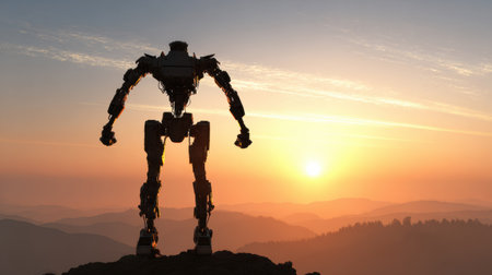A robot looks out over a panoramic view from a mountain top during sunset, feeling the moments of tranquility and beauty.の素材