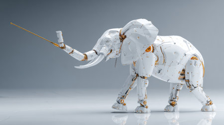 A robotic elephant stands proudly, demonstrating unique craftsmanship with intricate mechanisms and metallic accents.の素材