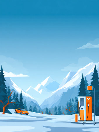 An electric vehicle is parked by a charging station in a snowy mountain scene under a clear blue sky.の素材
