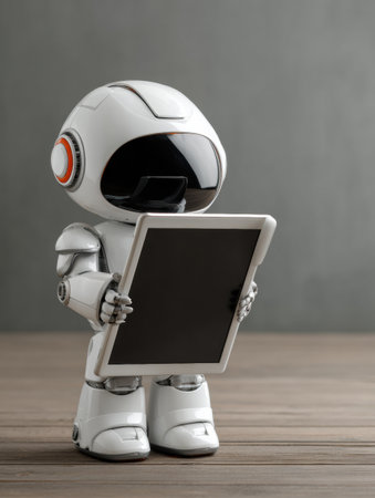 A small robot on a wooden surface holds a tablet, gazing forward in a minimalist, contemporary space.の素材