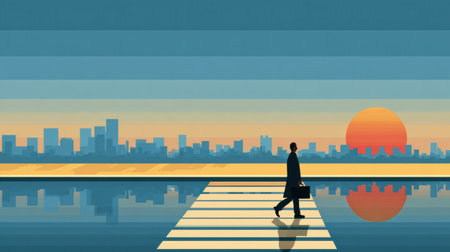 A businessman crosses a bridge at sunset, with the city skyline reflecting in the calm water below.の素材