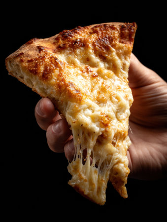 A person holds a slice of pizza, showing its thick crust and stringy, melted cheese. The background is dark.の素材